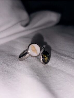 Sterling Silver Adjustable Double Stone Ring with White and Black Resin Inlays